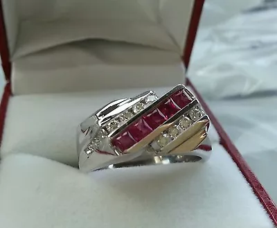 1.20 Ct 14k Solid White Gold Men's Natural Diamond & Ruby Ring Princess Cut USA • $915.40