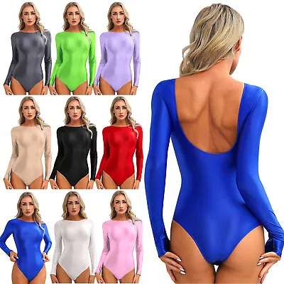 Womens Glossy Bodysuit Swimwear Long Sleeve Artistic Gymnastics Leotard Beach • $11.99