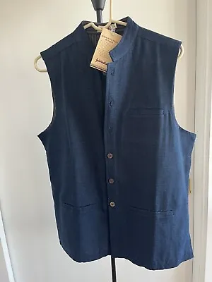 NWT Fabindia Men Sleeveless Jacket Vest Nehru Collar Woven SILK Blue 38 Medium • $69.99