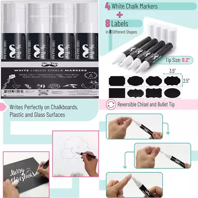 White Chalk Markers 4 Pack Dual Tip 8 Labels Dry Erase Blackboard Chalkboard  • $9.74