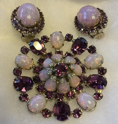 Vintage Demi Parure Faux Opal Brooch Earrings Purple Pink Rhinestone Clip-on • $43.53