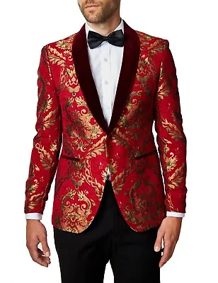 Mens Gold Brocade Paisley Print On Crimson Red Jacquard Jacket Tailored Fit Part • £159.99