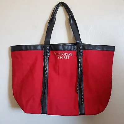 Victoria's Secret Canvas Getaway Tote Red Studded Fringe Shoulder Bag Christmas • $24.49