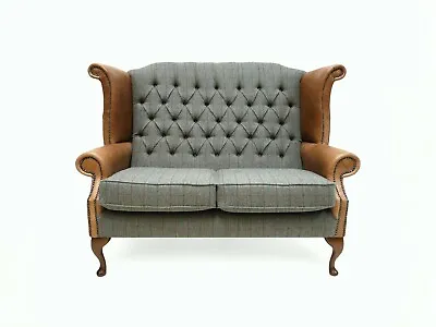 £1095 • Buy Chesterfield Queen Anne Two Seater Sofa In Green Harris Tweed & Vintage Leather