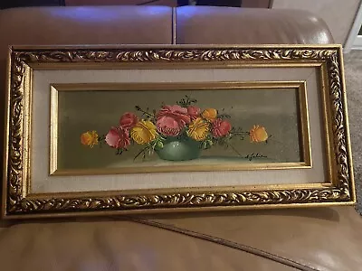 Vintage Oil Painting On Board Flowers Roses Vase Rectangular Wood  Frame SIGNED • $18.99