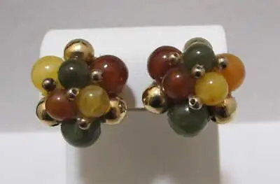 Vtg Multi-Color Faux Gemstone Green Red Orange Gold Tone Bead Clip Earrings  • $10.98