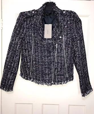 Zara Navy Sequinned Textured Weave Jacket Blazer With Frayed Size S Bnwt Rrp£80 • $37.29