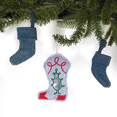 Set Of 3 Denim Western Cowboy Boot & Mini Stocking Ornaments Silver Blue 5  • $12.95