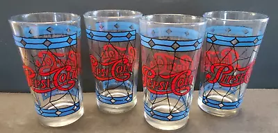 Pepsi (Set Of 4) Stained Glass Tiffany Glassware Tumblers Blue And Red Vintage  • $22.95