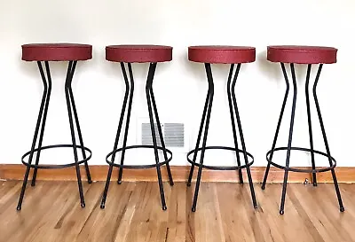 Vtg Mid Century MCM Bar Stools Chair Atomic Vinyl Iron Arthur Umanoff Set Of 4 • $525