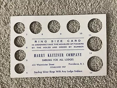 Vintage Harry Klitzner Company Providence R. I. 5 1/2  X 3 1/2  Ring Size Card • £7.23