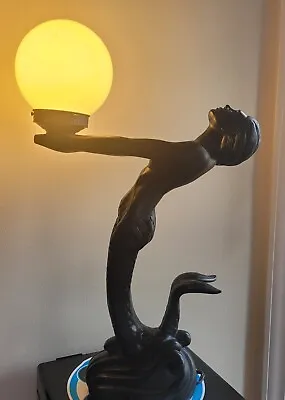 Vintage MCM Art Deco Mermaid Accent Table Lamp Black Figural 24  Tall • $189