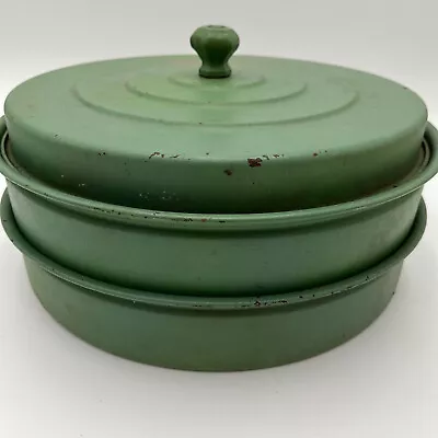 Vintage Primitive Green Double Pie Tin Rusty Storage Container Lid 11 1/2  X 6  • $14.44