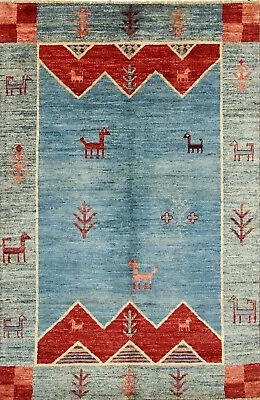 4x6 Blue Gabbeh Tribal Afghan Hand Knotted Wool Area Rug • $399