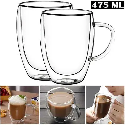 £10.99 • Buy  Double Wall Coffee Mug Termal Insulated Tea Glass Cup With Handle 2 Pack 475 Ml