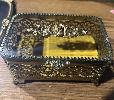 Vintage  Matson Ormolu Gold Rose Casket Jewelry Box Beveled Glass Footed Velvet • $35.99