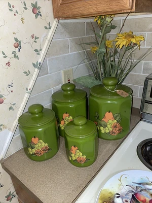 $45 • Buy Vtg Kromex Green Avocado Fruit Aluminum Canisters Retro Set Of 4 Green
