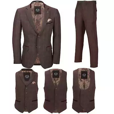 Mens 3 Piece Tweed Wine Brown Check Suit Blazer Waistcoat Trouser Sold Separate • £29.99