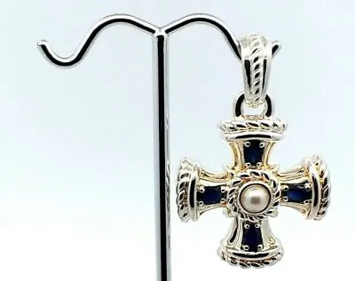 Judith Ripka Sterling Silver Pearl And Blue Sapphire Maltese Cross Pendant.  • $125