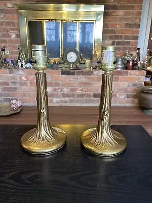 Pair Vintage MCM Casted Metal Tree Trunk Base Table Lamps Brass Finish • $150