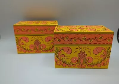 Vintage AVON 70's MOD Retro Orange And Yellow Flower Tin Metal Recipe Boxes X 2 • $27.30