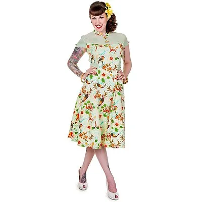 New L Mint Dress Butterfly Vintage 1950s High Neck Pin Up Dress Banned UK 14 Tea • $40.68