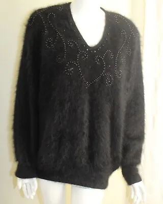 AMAZING Essential Elements Sz XL 80% Angora SUPER FURRY FLUFFY V-Neck Sweater • $352.02