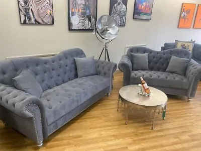 3+2 Set | Elegance Chesterfield Sofa | Grey | Plush Velvet | • £899.99