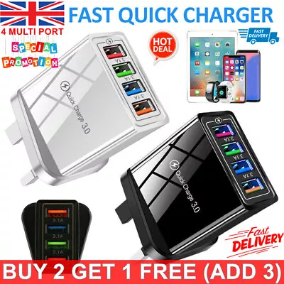 4 Multi-Port Fast Quick Charge USB Hub Mains UK Plug Adapter Wall Charger Phones • £4.08