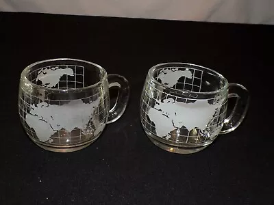 2 Vintage Globe Glass Mug Cup NESTLE NesCafe 3  Etched Frosted World Map • $8.55