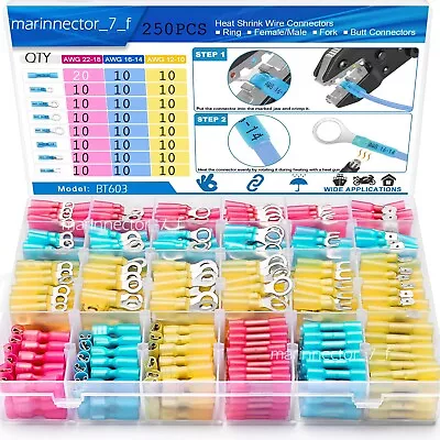 250x Waterproof Heat Shrink Wire Connector Kit Marine Terminals Crimp Butt Spade • $15.99