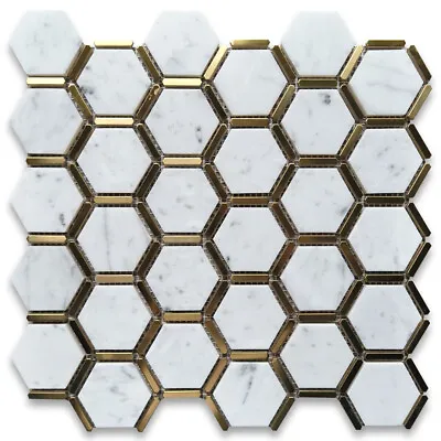C328XP Carrara White Marble Hexagon Mosaic Tile W/ Brass Strips Polished • $29.99