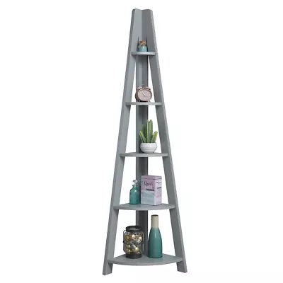 Grey Corner Ladder Shelving Unit 5 Tier Storage Display Stand Bookcase Bookshelf • £42.99