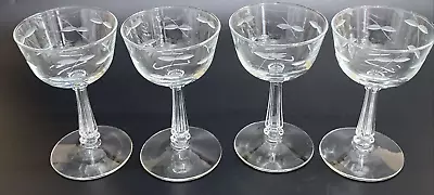 4 Vintage Etched Glass Cordial Wine Glasses Clear Crystal 5  Height • $30