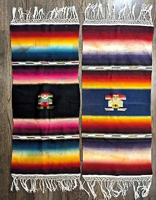 Mayan Wool Runners Pair Wall Hangings Striped 17.5x 40in Fringed Vintage • $30