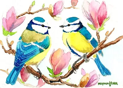 ACEO ORIGINAL Watercolor Bluetits In Spring Collectible Art Gift Bird Lovers • $16.50