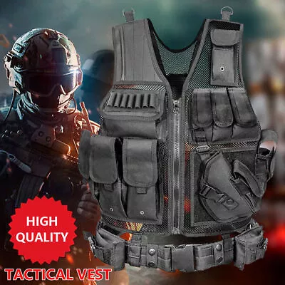 Military Tactical Vest With Gun Holster Molle Assault Combat Plate Carrier Black • $31.34