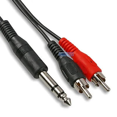 2m 6.35mm 1/4  Stereo TRS Jack Plug To 2 X RCA Phono Male Audio Cable Black • £2.99