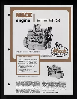 Mack Trucks Engine Etb 673 Specifications Brochure 05/79 • $17.81