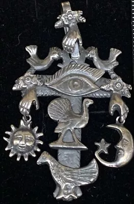 Mexican Oaxacan Sterling Silver Bird Eye Hand Sun Moon Milagros Cross Pendant • $289