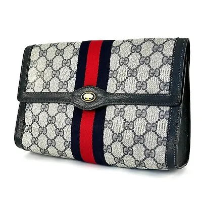 Vintage GUCCI Clutch Bag Sherry Line GG PVC Leather Navy Auth [Rank AB+] • $229.99