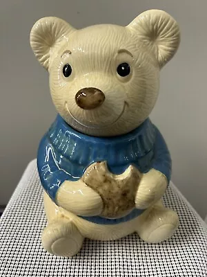 Vintage - White Teddy Bear In Blue Sweater Cookie Jar - Made In USA - 12” Tall • $45