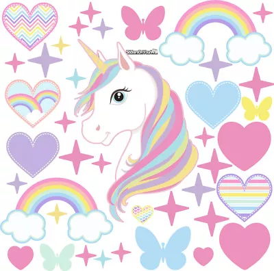 Colourful Unicorn Hearts Stars Rainbows Butterflies Wall Art Stickers Bedroom • £5.99