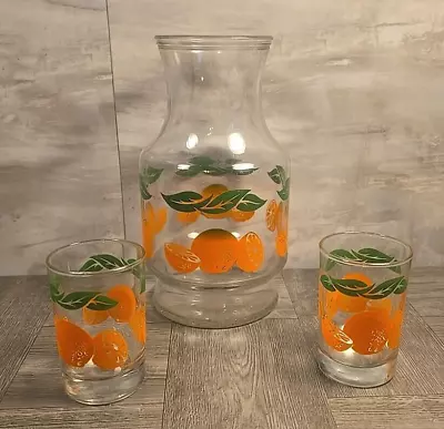 Vintage Glass Orange Juice Carafe/Refridgerater Jar/Container And 2 Juice Cups • $17.99