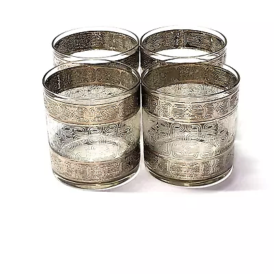 Vintage CULVER Silver EMBOSSED 3⅜” Old Fashioned Rocks Glass Tumbler Set Of 4 • $37.49