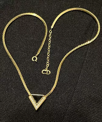 Christian Dior Signed Necklace Gold Plate Triangle  13 Faux Diamonds 14-16” • £85.16