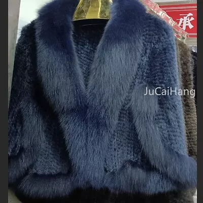 Hand Made Knitted Women Coat Mink Fur Shawl With Fox Fur Collar - Dark Blue • $157