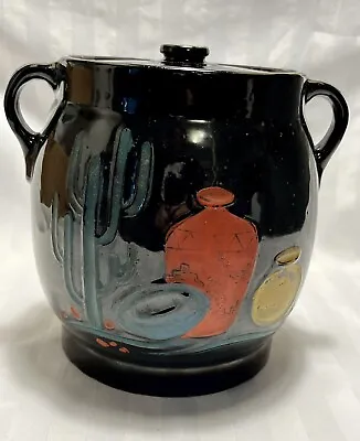 Vintage Black Stoneware Crock Canister Cookie Jar South Western Mexican Pottery • $29.50