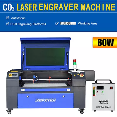 Autofocus 80W 70X50CM CO2 Laser Engraving Cutting Machine Engraver Cutter+CW3000 • £2499.99