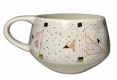 Anthropologie Oleanna Peach & Gold Geometric Pattern Ceramic Coffee Soup Mug Cup • $9